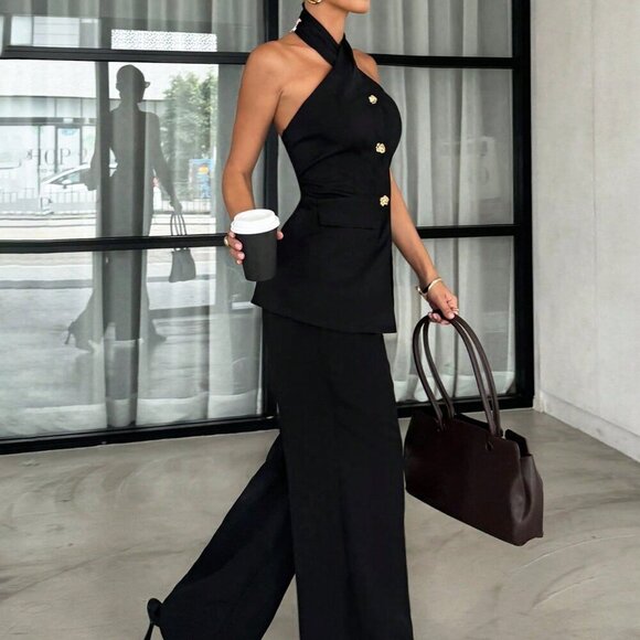 Black Casual Chic Women's Two Piece Top and Pants Office Set - Picture 5 of 7